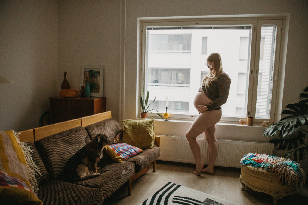 koira katsoo omistajaansa jolla on raskausmaha